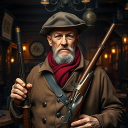 An old Russian mafia member dressed in historical attire, holding antique firearms such as a flintlock pistol and a musket