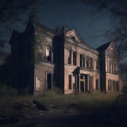 Create an image of the exterior of an abandoned asylum at night