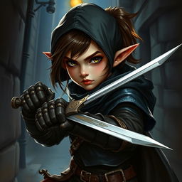 A detailed portrait of a female halfling rogue