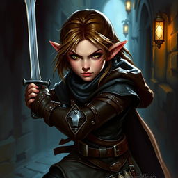 A detailed portrait of a female halfling rogue