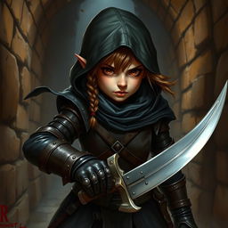 A detailed portrait of a female halfling rogue