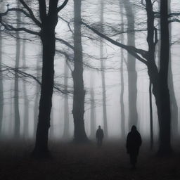 Create an eerie image of a dark forest with the silhouette of an abandoned asylum in the background