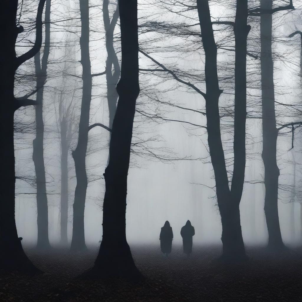 Create an eerie image of a dark forest with the silhouette of an abandoned asylum in the background