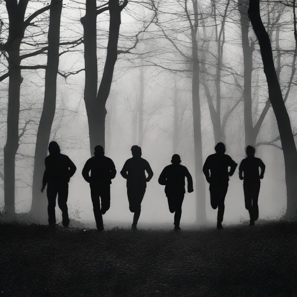 Create a dramatic image showing the shadows of five people running away in a dark and mysterious environment