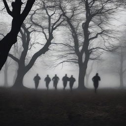 Create a dramatic image showing the shadows of five people running away in a dark and mysterious environment