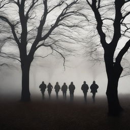 Create a dramatic image showing the shadows of five people running away in a dark and mysterious environment