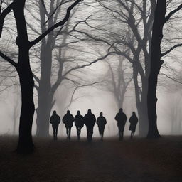 Create a dramatic image showing the shadows of five people running away in a dark and mysterious environment