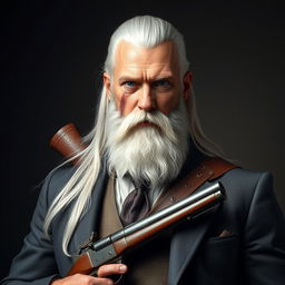 A tall man with short beard and long white hair, with a muscular build, always wearing a suit