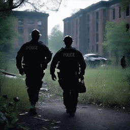 Create a tense image of police officers conducting a search around an abandoned asylum