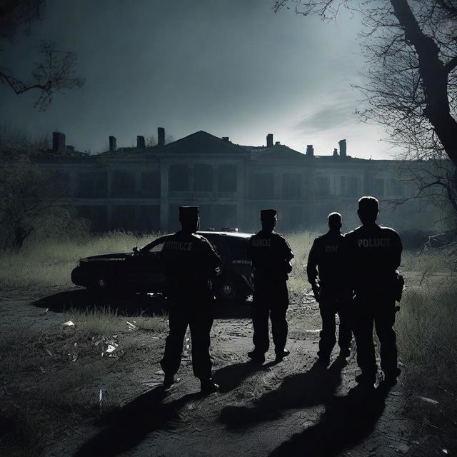 Create a tense image of police officers conducting a search around an abandoned asylum