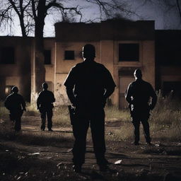 Create a tense image of police officers conducting a search around an abandoned asylum