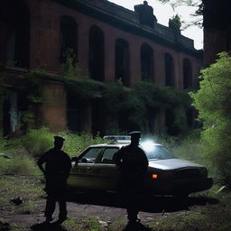 Create a tense image of police officers conducting a search around an abandoned asylum