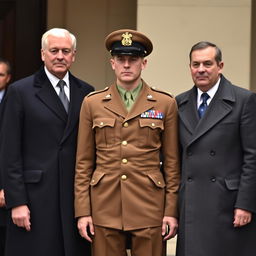 A soldier standing with two other individuals wearing coat suits