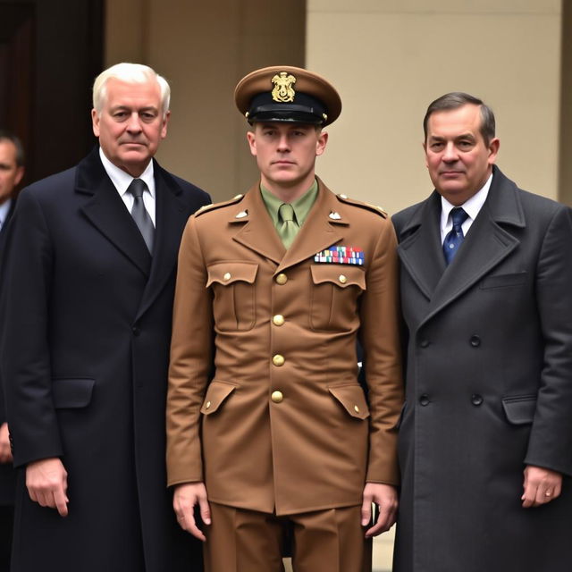 A soldier standing with two other individuals wearing coat suits