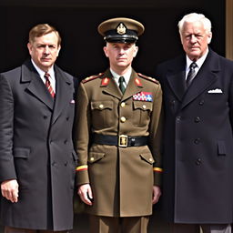 A soldier standing with two other individuals wearing coat suits