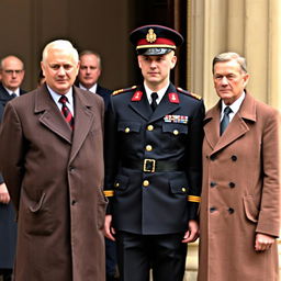 A soldier standing with two other individuals wearing coat suits