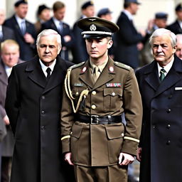 A soldier standing with two other individuals wearing coat suits