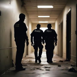 Create a tense and eerie image of police officers conducting a search inside an abandoned asylum