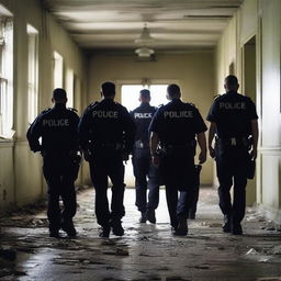 Create a tense and eerie image of police officers conducting a search inside an abandoned asylum