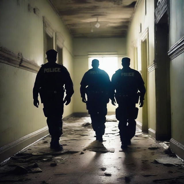 Create a tense and eerie image of police officers conducting a search inside an abandoned asylum