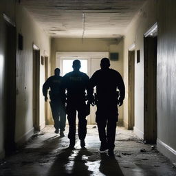 Create a tense and eerie image of police officers conducting a search inside an abandoned asylum