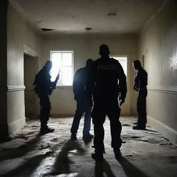 Create a tense and eerie image of police officers conducting a search inside a dark, abandoned asylum