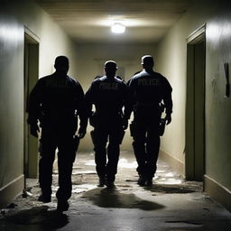 Create a tense and eerie image of police officers conducting a search inside a dark, abandoned asylum