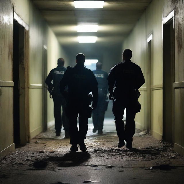 Create a tense and eerie image of police officers conducting a search inside a dark, abandoned asylum