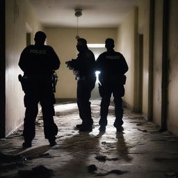 Create a tense and eerie image of police officers conducting a search inside a dark, abandoned asylum