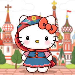 A cute Hello Kitty character dressed in traditional Russian clothing, complete with a colorful headscarf and a traditional dress