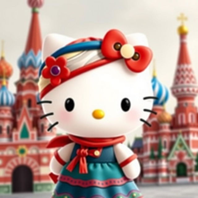 A cute Hello Kitty character dressed in traditional Russian clothing, complete with a colorful headscarf and a traditional dress