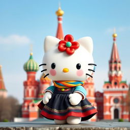 A cute Hello Kitty character dressed in traditional Russian clothing, complete with a colorful headscarf and a traditional dress