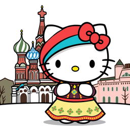 A cute Hello Kitty character dressed in traditional Russian clothing, complete with a colorful headscarf and a traditional dress