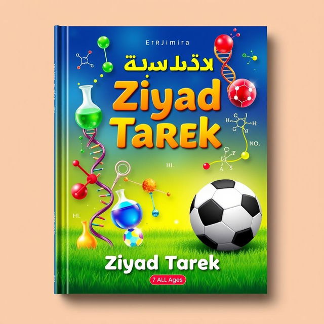 A vibrant and educational science book cover that combines elements of chemistry, biology, physics, and football