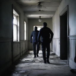 Create a dark and terrifying image of police officers searching inside an abandoned asylum