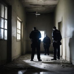 Create a dark and terrifying image of police officers searching inside an abandoned asylum