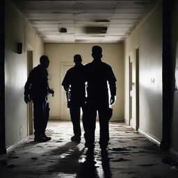 Create a dark and terrifying image of police officers searching inside an abandoned asylum