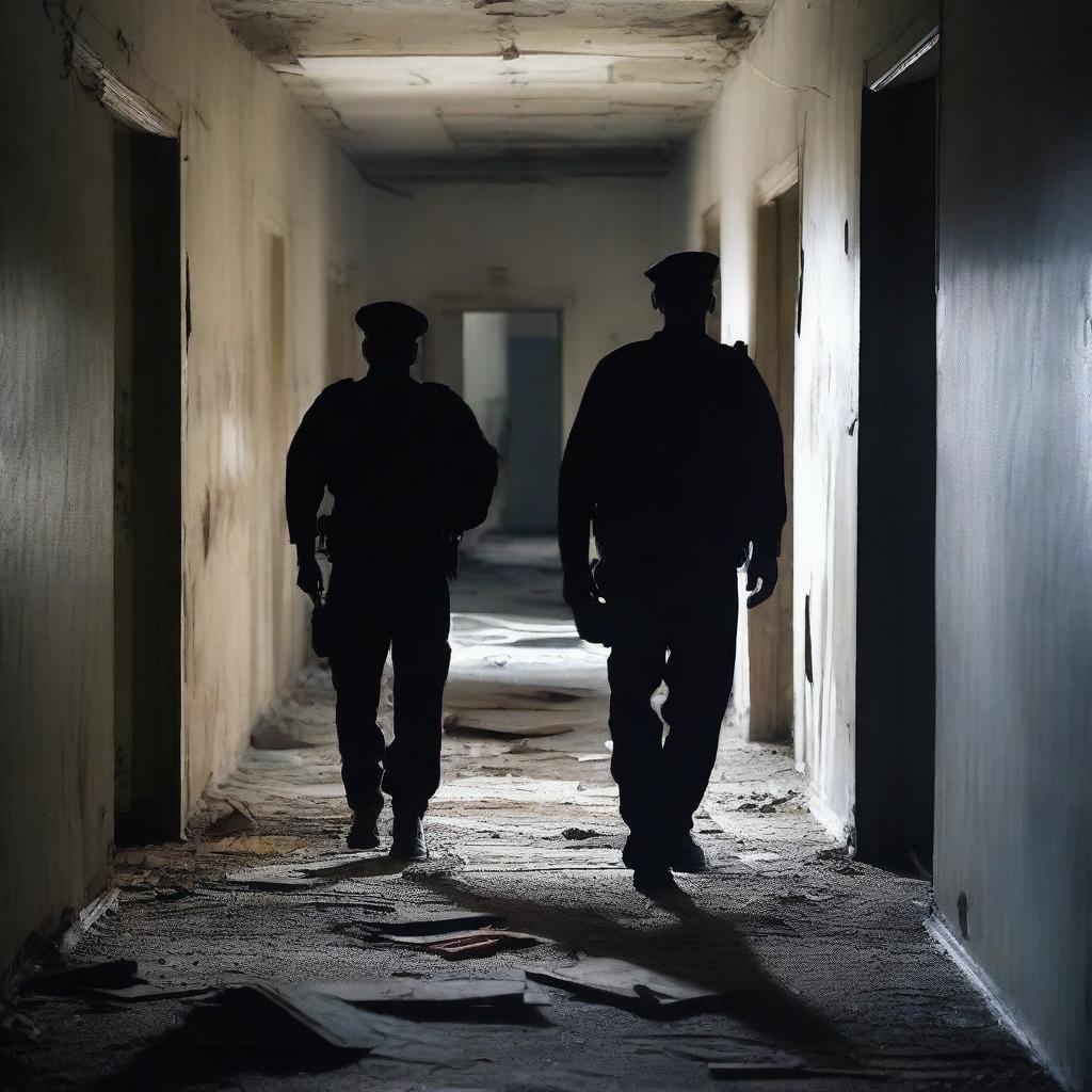 Create a dark and terrifying image of police officers searching inside an abandoned asylum