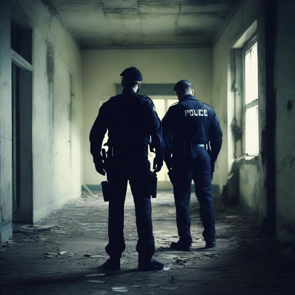 Create a dark and terrifying image of police officers inside an eerie, abandoned asylum