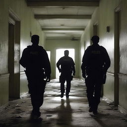 Create a dark and terrifying image of police officers inside an eerie, abandoned asylum