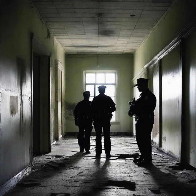 Create a dark and terrifying image of police officers inside an eerie, abandoned asylum