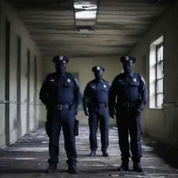 Create a dark and terrifying image of police officers inside an eerie, abandoned asylum