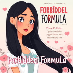 Create a dreamy and cute cartoon-style book cover for a medical romance novel titled 'Forbidden Formula' by Nys