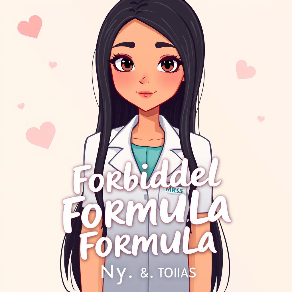 Create a dreamy and cute cartoon-style book cover for a medical romance novel titled 'Forbidden Formula' by Nys