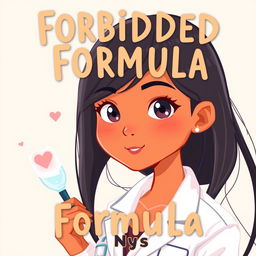 Create a dreamy and cute cartoon-style book cover for a medical romance novel titled 'Forbidden Formula' by Nys