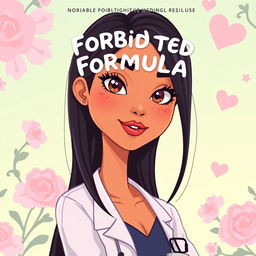 Create a dreamy and cute cartoon-style book cover for a medical romance novel titled 'Forbidden Formula' by Nys