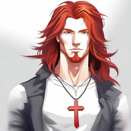 Create an image of a handsome young adult with large red hair wearing a cross necklace