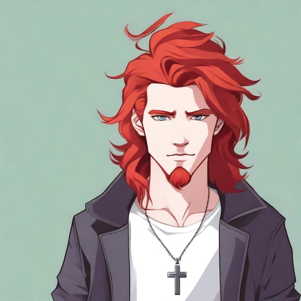 Create an image of a handsome young adult with large red hair wearing a cross necklace