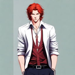 Create an image of a handsome young adult with large red hair wearing a cross necklace
