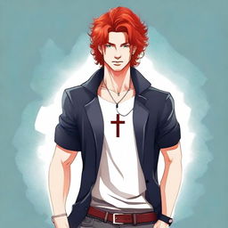 Create an image of a handsome young adult with large red hair wearing a cross necklace